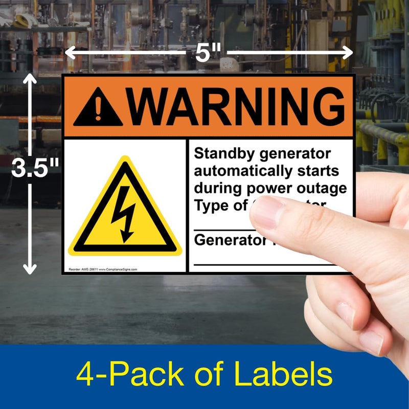 ComplianceSigns.com Warning Standby Generator Automatically ANSI Label Decal with Symbol, 5x3.5 in. 4-PackVinyl for Industrial Notices - Image 2